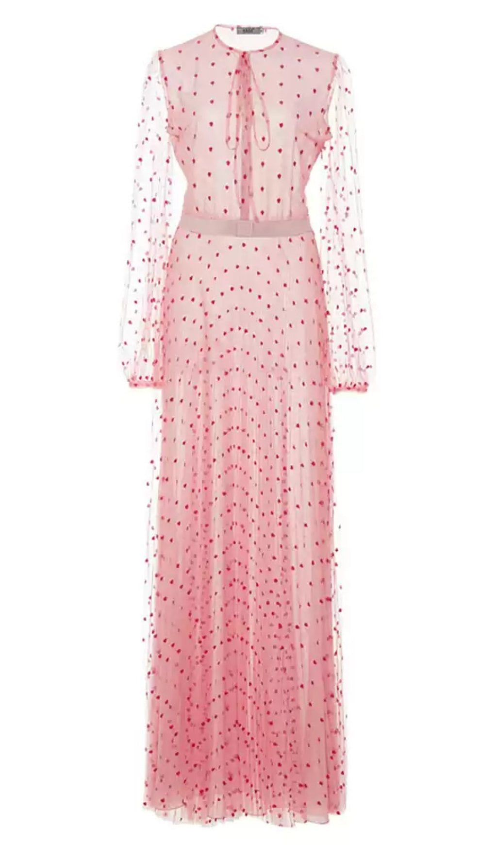ELEGANT PINK SHEER DOT MAXI DRESS WITH TIE NECKLINE