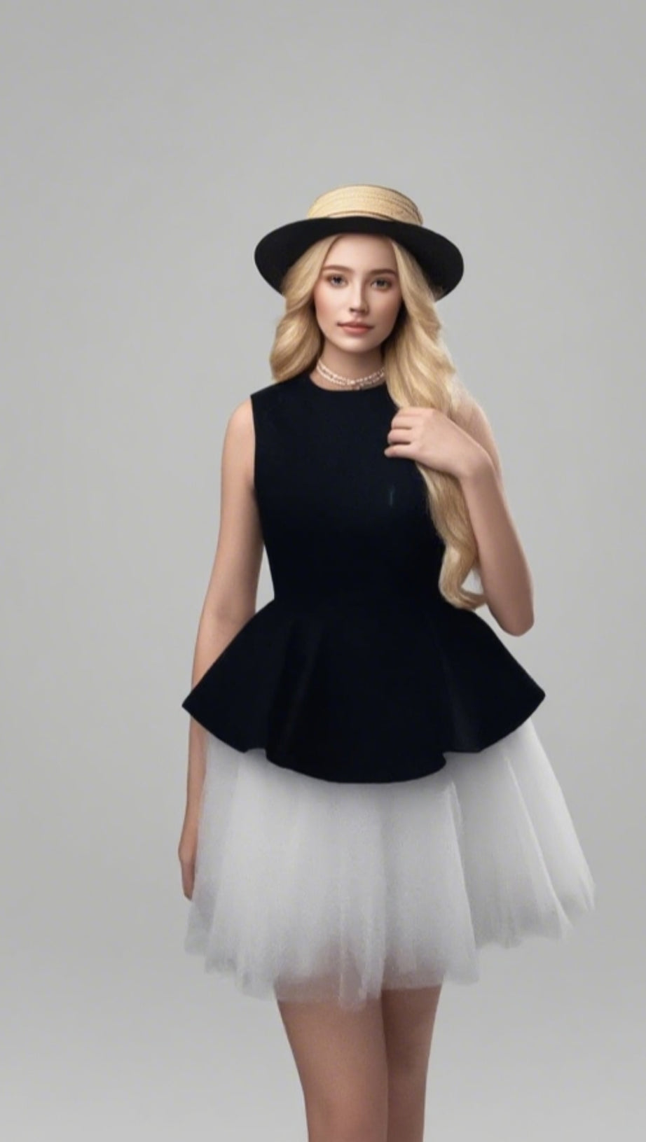 zweifarbiges bauschiges Minikleid aus Samt mit Rüschensaum