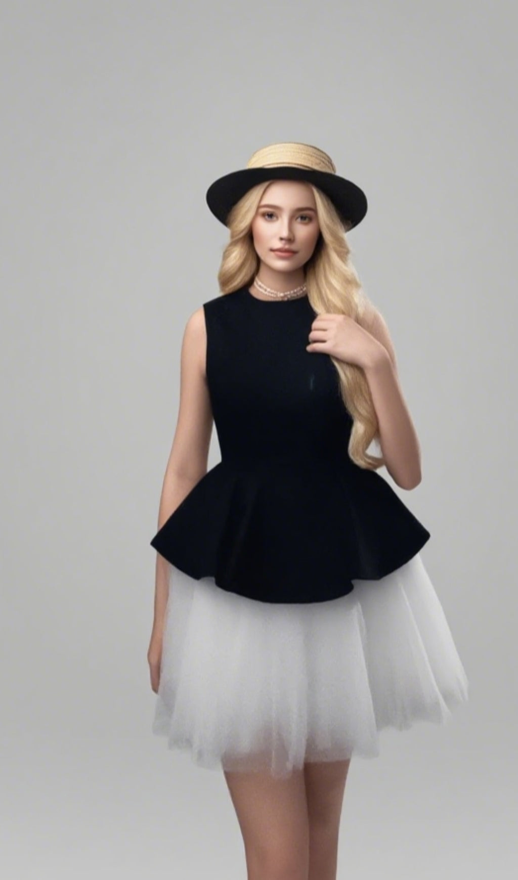 zweifarbiges bauschiges Minikleid aus Samt mit Rüschensaum