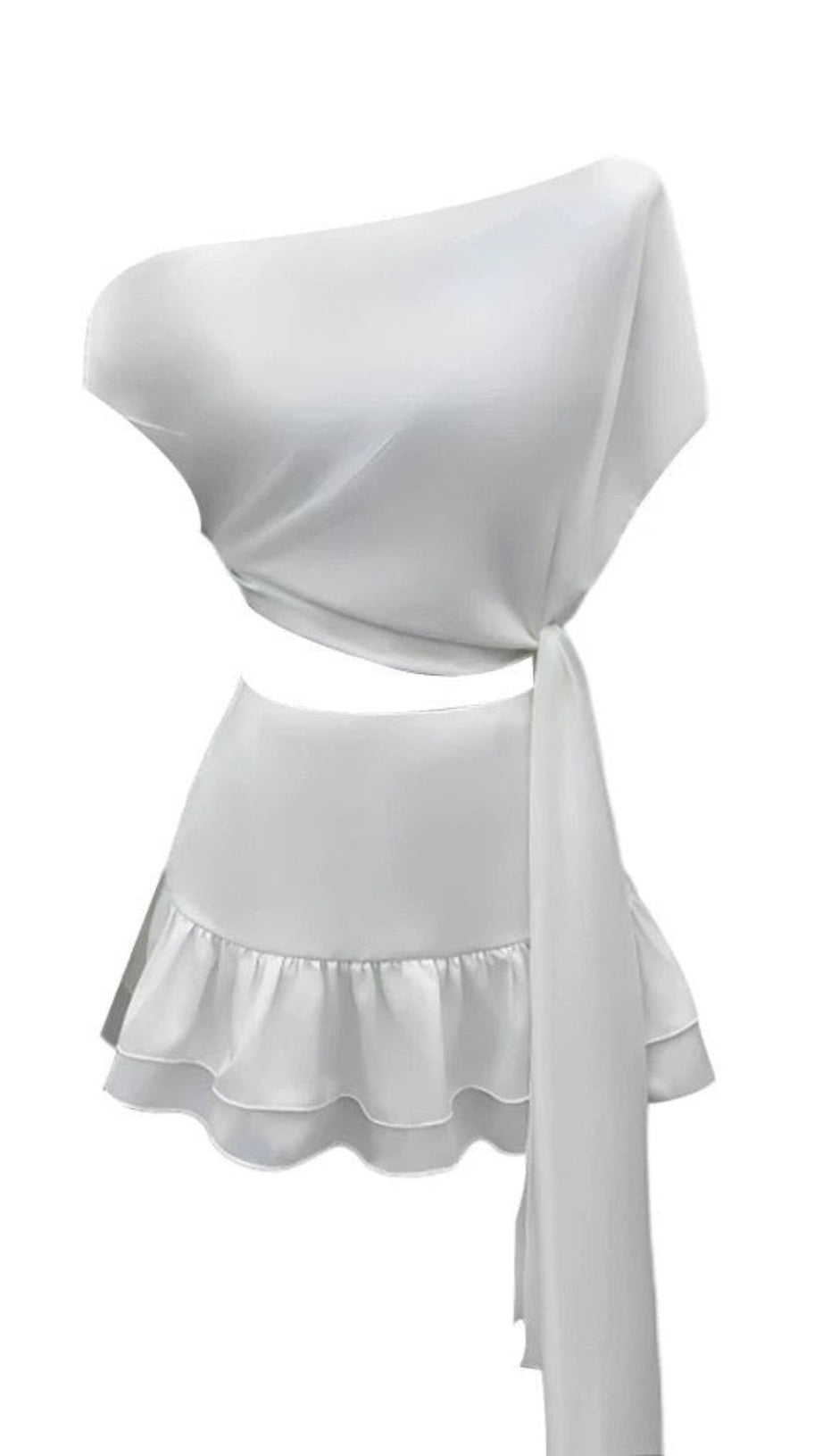 ASYMMETRIC TOP RUFFLED SKIRT TWO-PIECE SUIT IN WHITE