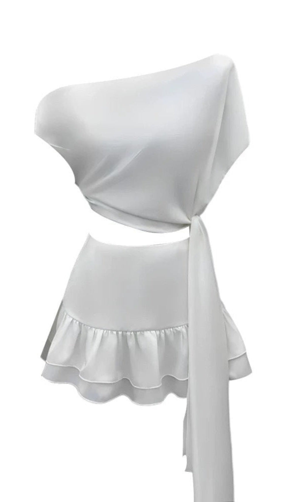 ASYMMETRIC TOP RUFFLED SKIRT TWO-PIECE SUIT IN WHITE