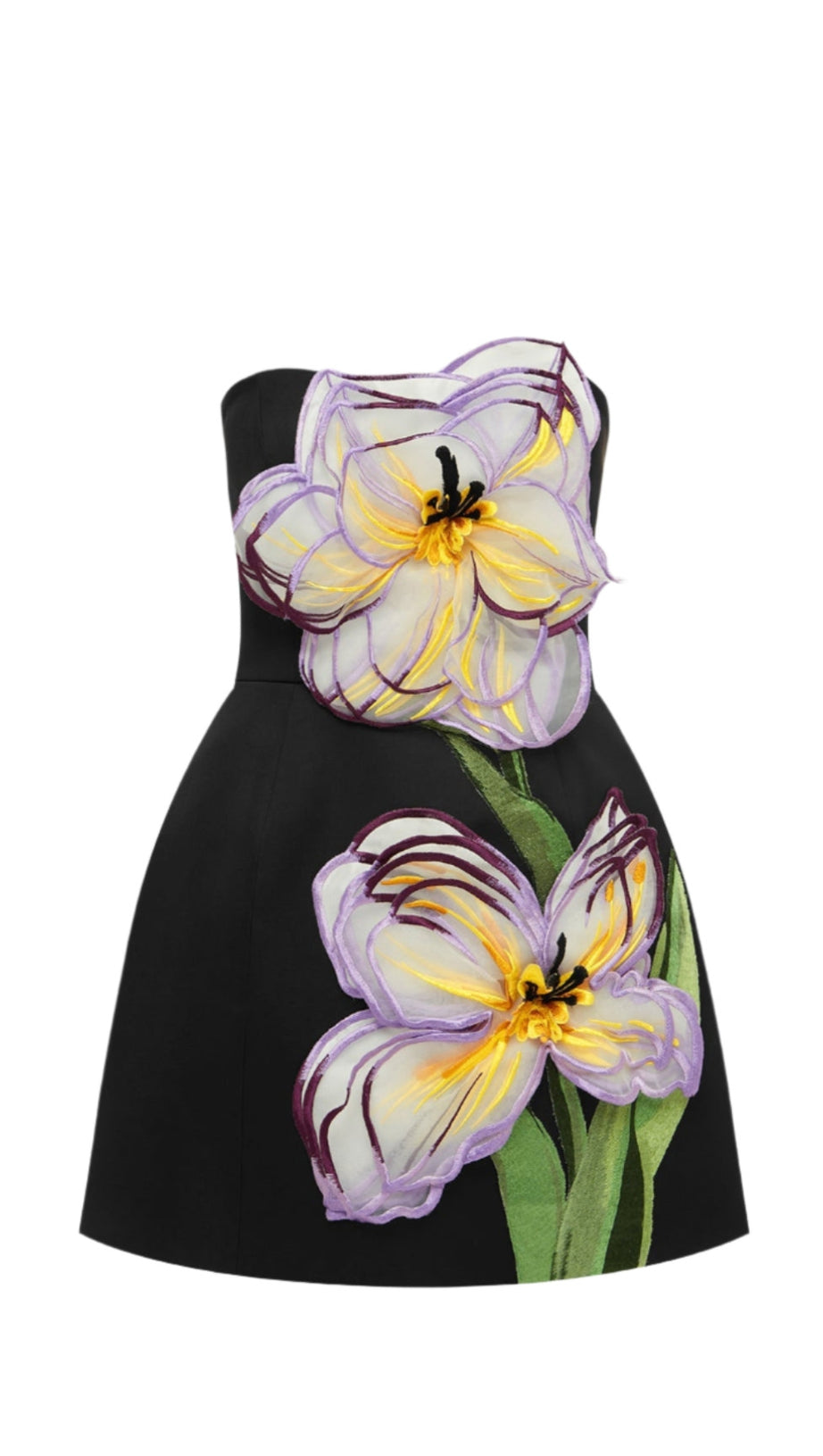 ROSARIO APPLIQUÉ FLORAL BUSTIER MINI DRESS IN BLACK