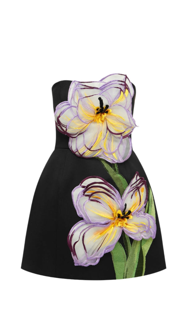 Rosario Appliqué Floral Bustier Mini Dress in black