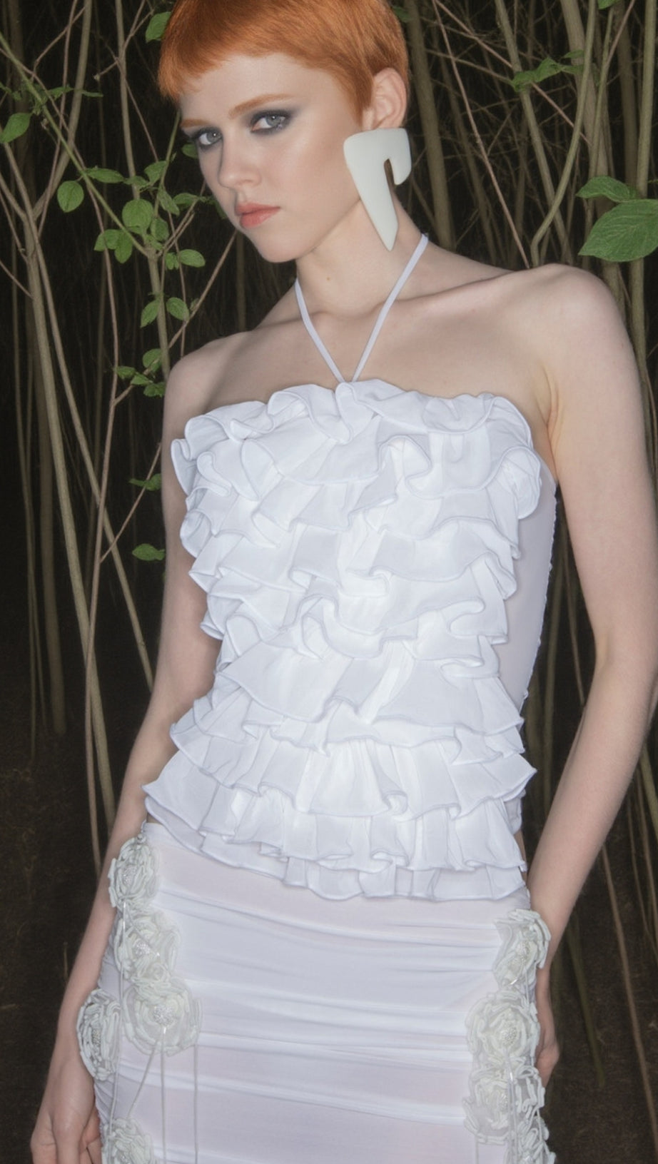 HELEN HALTER RUCHED MESH FLORAL MINI DRESS IN WHITE