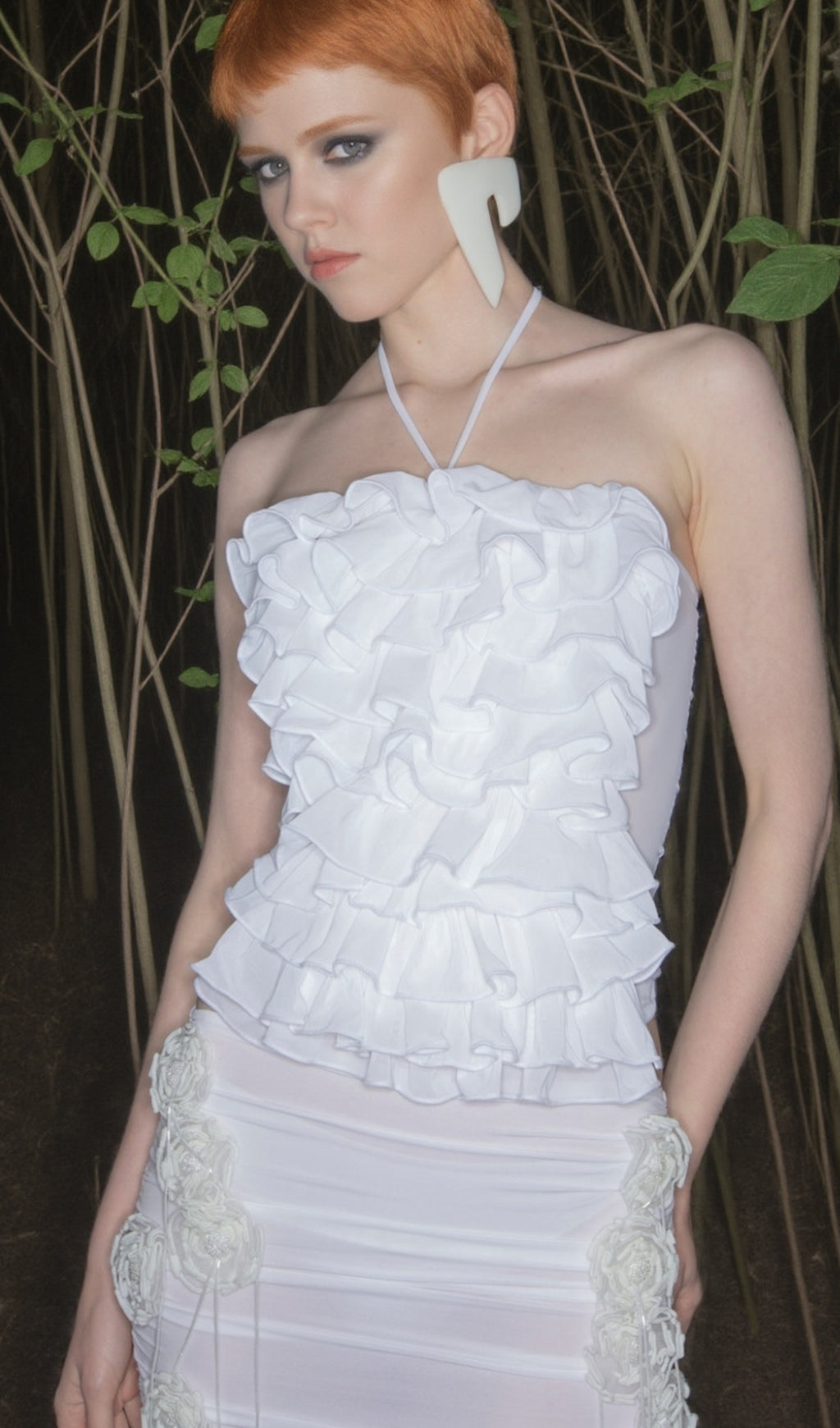 AIIZIE HELEN HALTER RUCHED MESH FLORAL MINI DRESS IN WHITE - product image