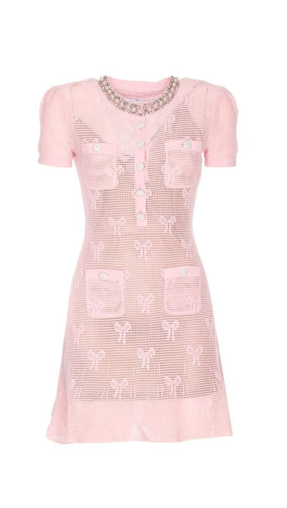 Rosa Minikleid mit Häkel- und Kristallbesatz und Schleife