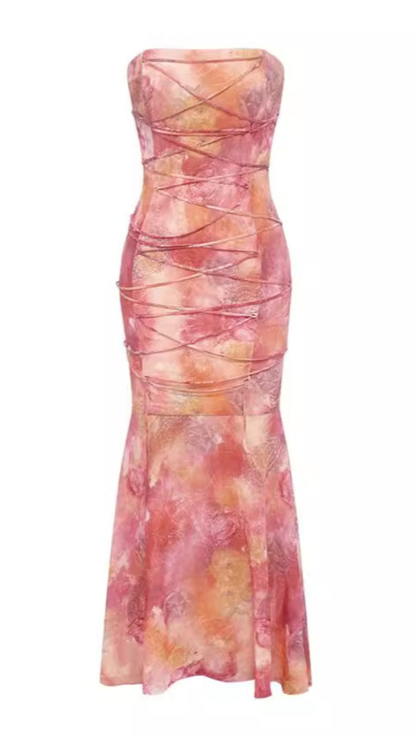 AIIZIE TIE - DYE STRAPLESS LACE - UP MERMAID MIDI DRESS IN PINK - product image
