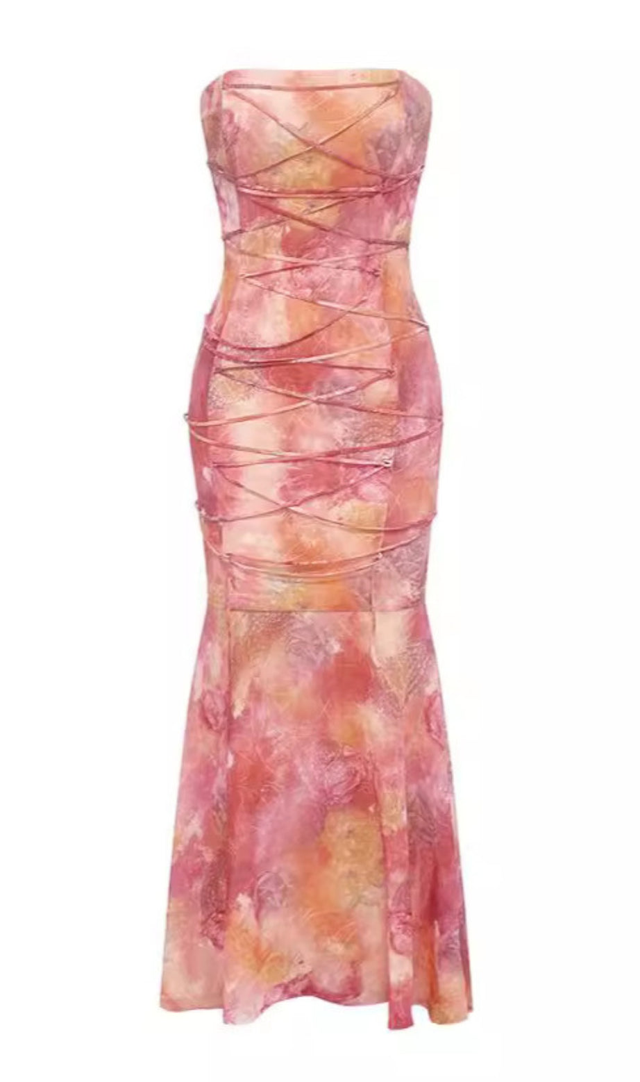 Tie - Dye Strapless Lace - Up Mermaid Midi Dress in Pink