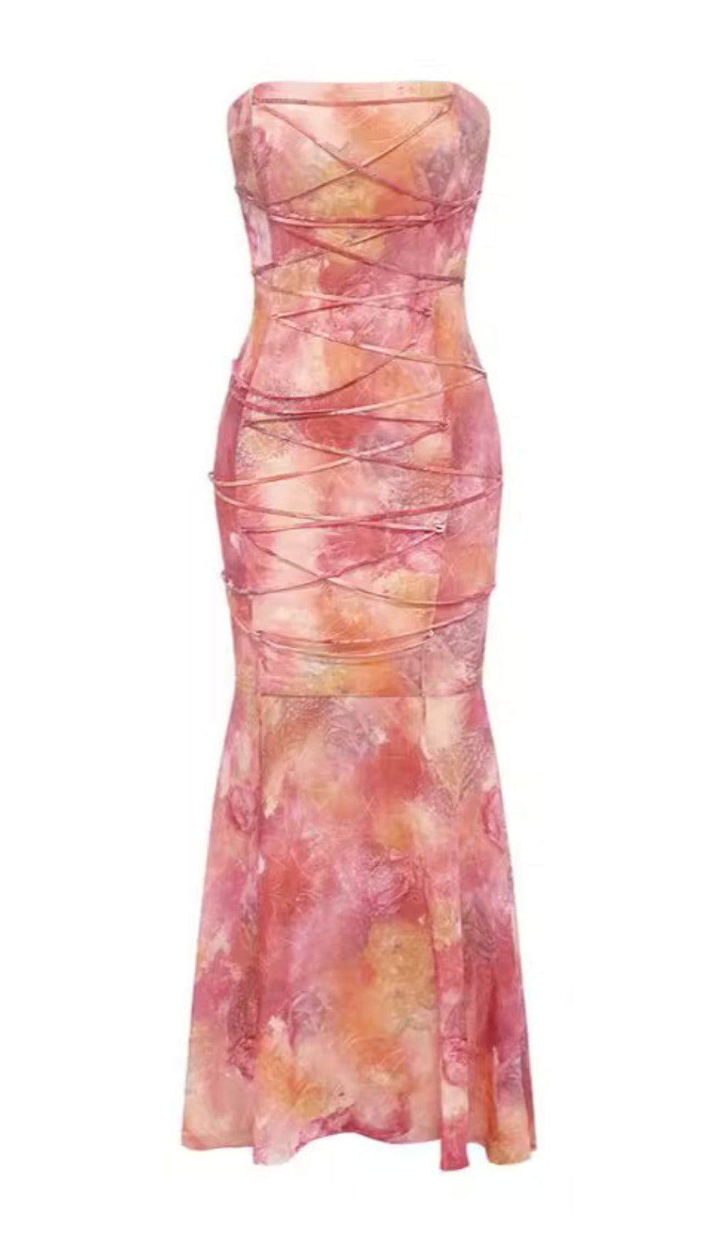 TIE - DYE STRAPLESS LACE - UP MERMAID MIDI DRESS IN PINK