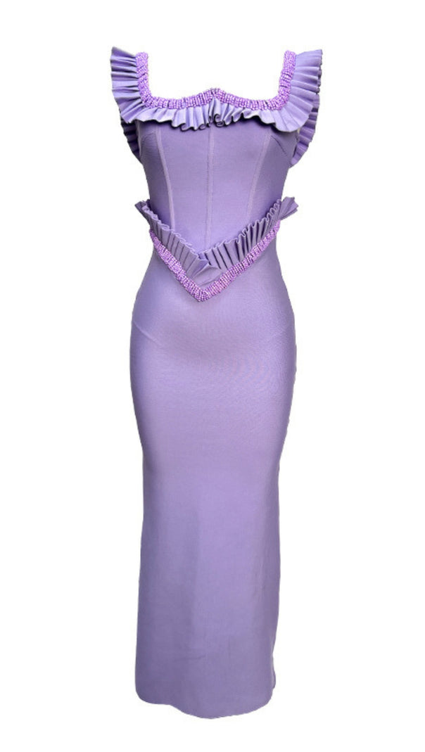 AIIZIE SQUARE NECK RUFFLE TRIM BEADED MIDI DRESS IN LAVENDER - product image