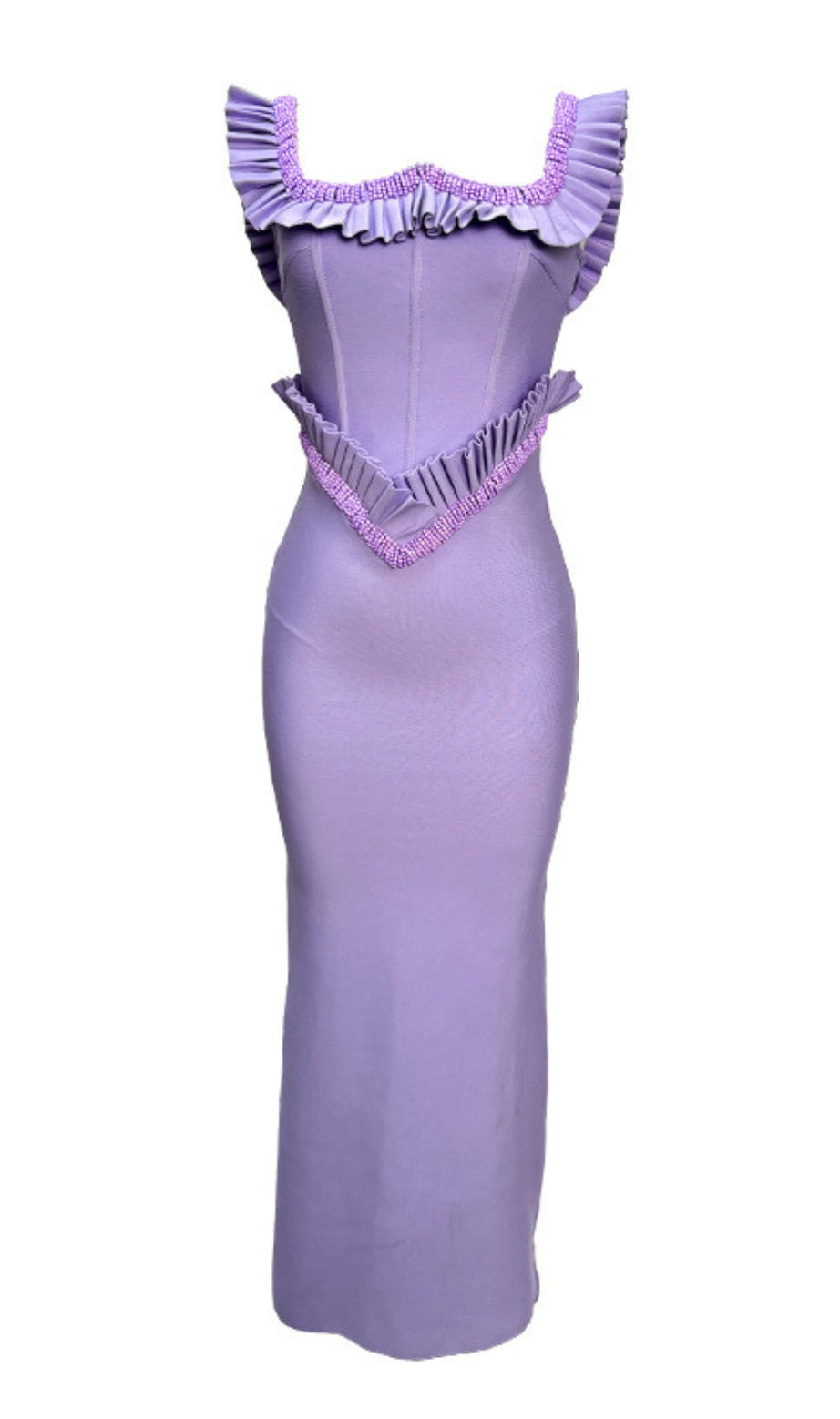 Square Neck Ruffle Trim Beaded Midi Dress in Lavender