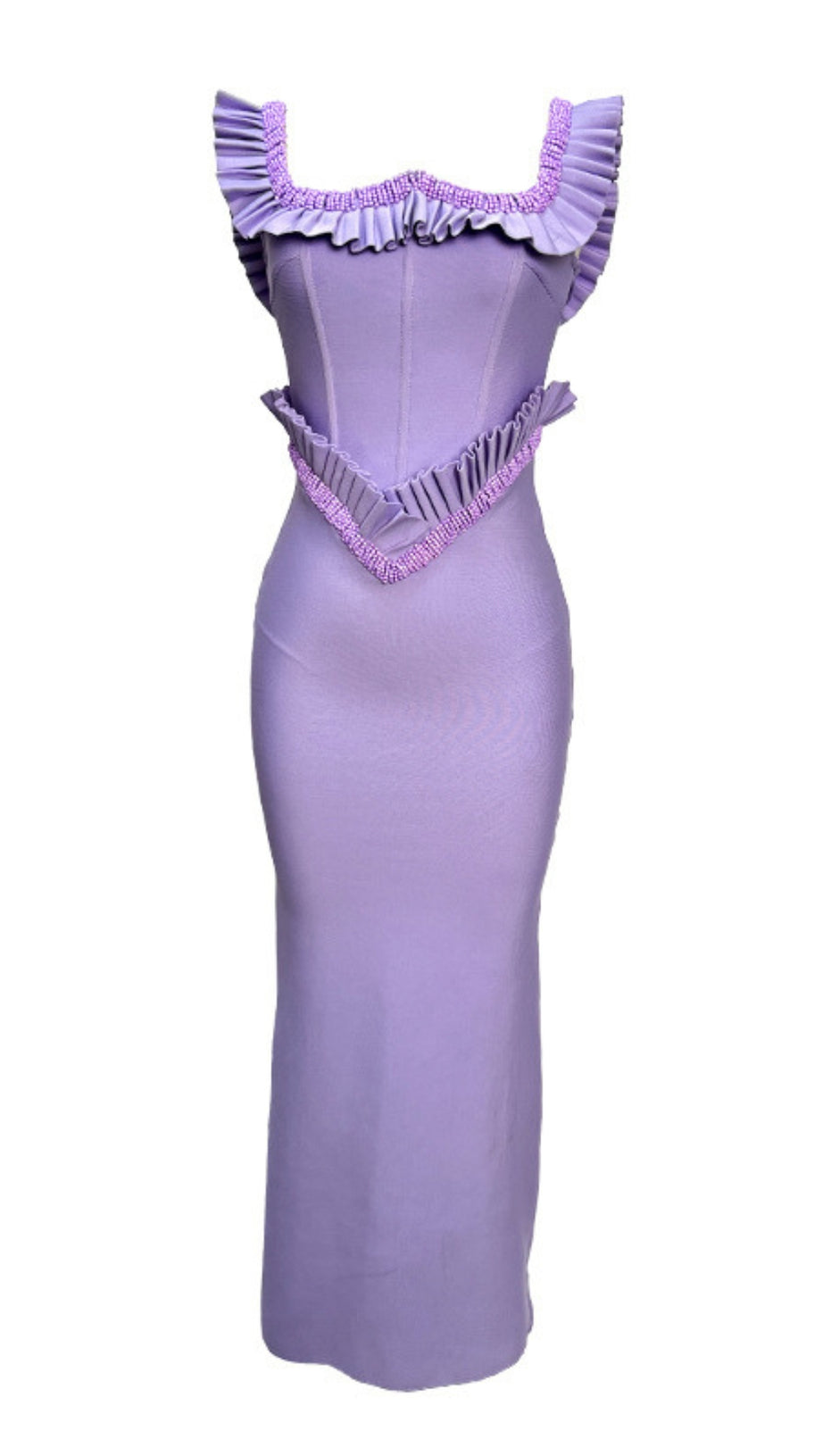 Midikleid mit quadratischem Ausschnitt, Rüschenbesatz und Perlen in Lavendel