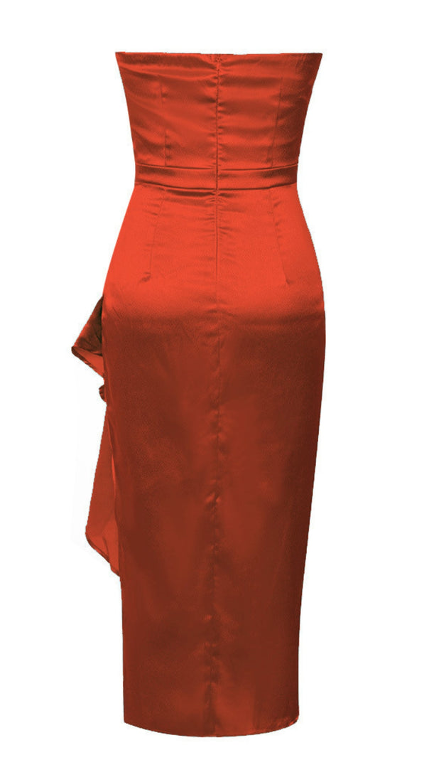 AIIZIE STRAPLESS RUCHED ASYMMETRIC RUFFLE MIDI DRESS IN ORANGE - RED - product image