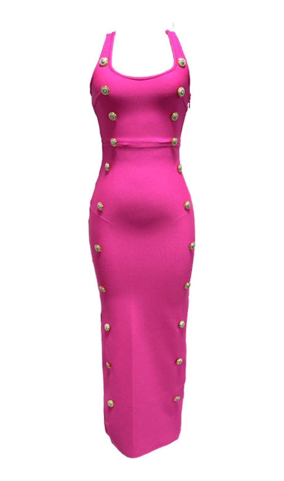 Abito midi decorato con bottoni sul collo quadrato in rosa