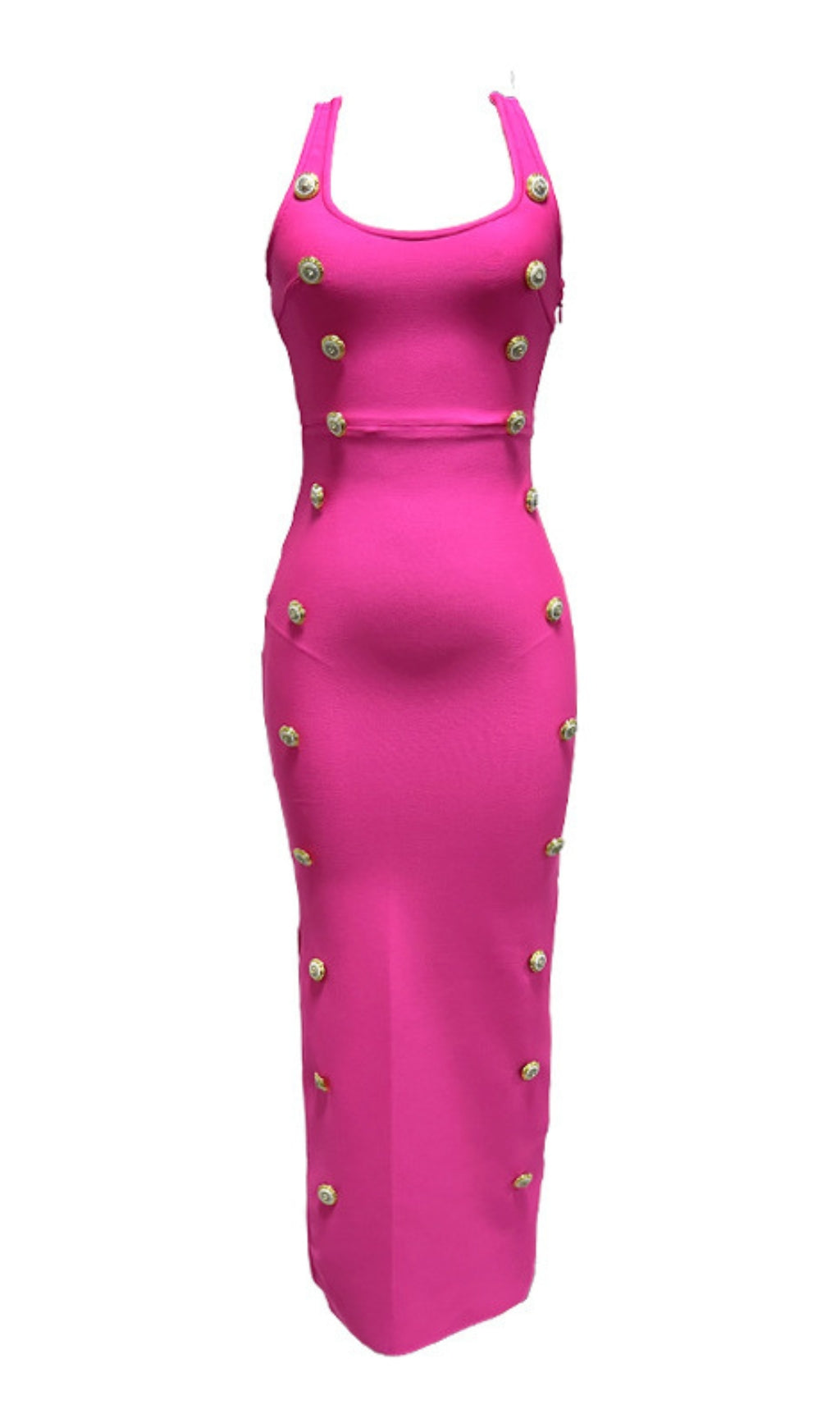 SQUARE - NECK BUTTON - EMBELLISHED MIDI DRESS IN PINK