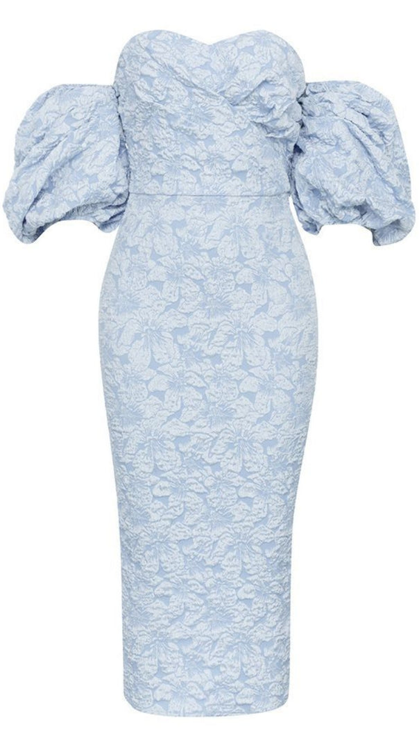 AIIZIE FLORAL - JACQUARD OFF - SHOULDER MIDI DRESS IN BLUE - product image