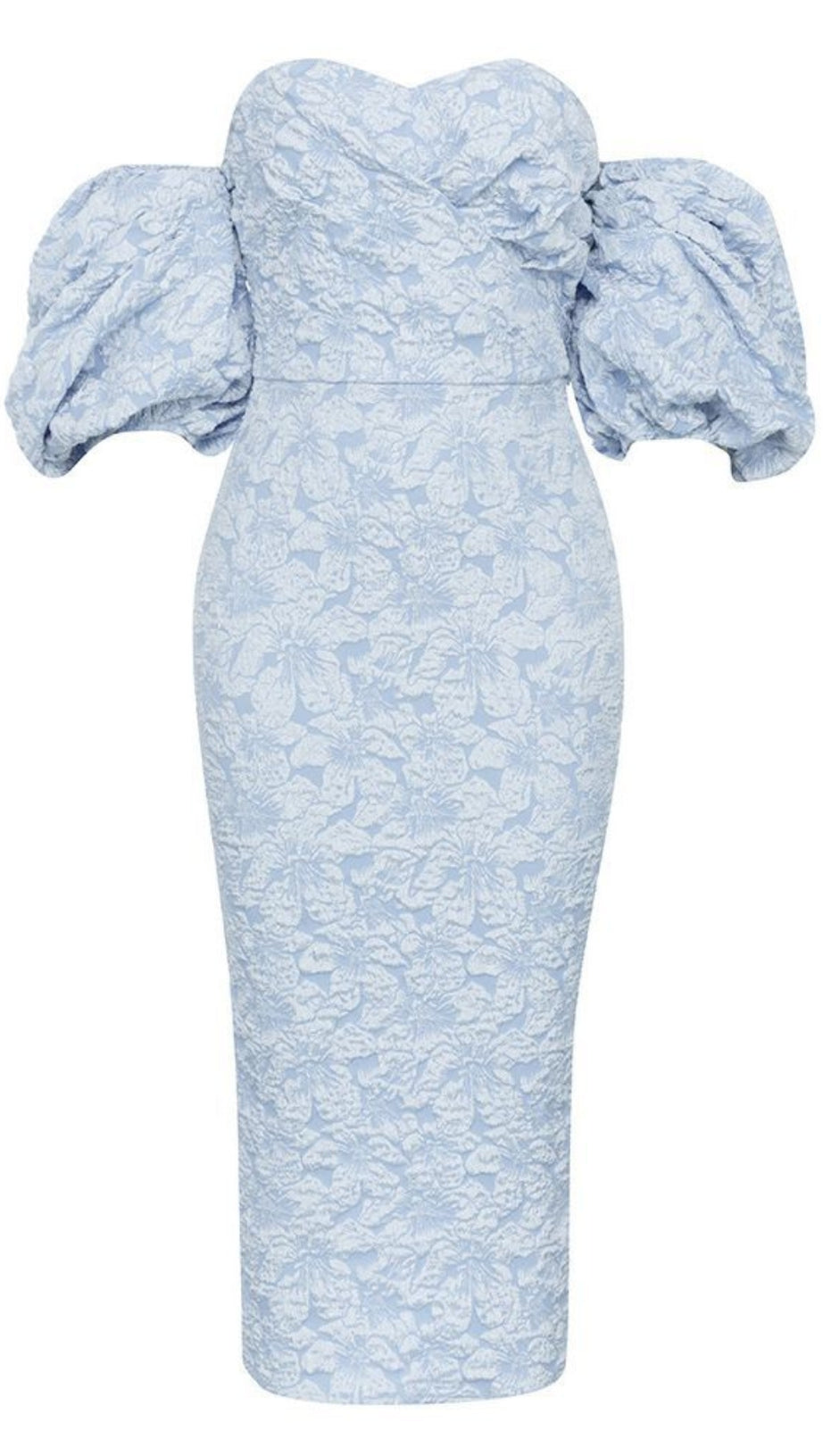 FLORAL - JACQUARD OFF - SHOULDER MIDI DRESS IN BLUE