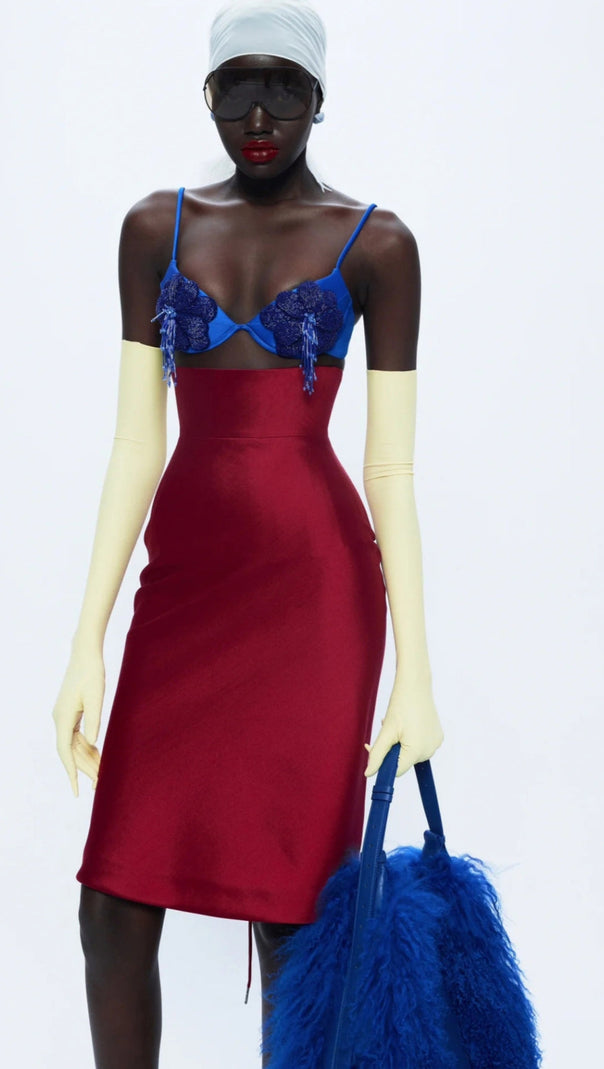 AIIZIE BLUE LACE BRALETTE AND RED SATIN PENCIL SKIRT SET - product image