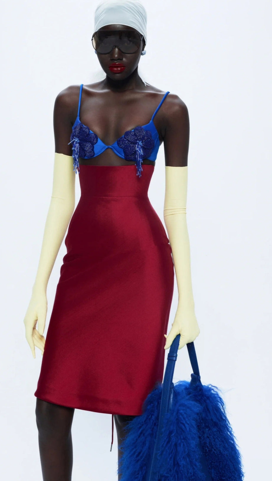 BLUE LACE BRALETTE AND RED SATIN PENCIL SKIRT SET