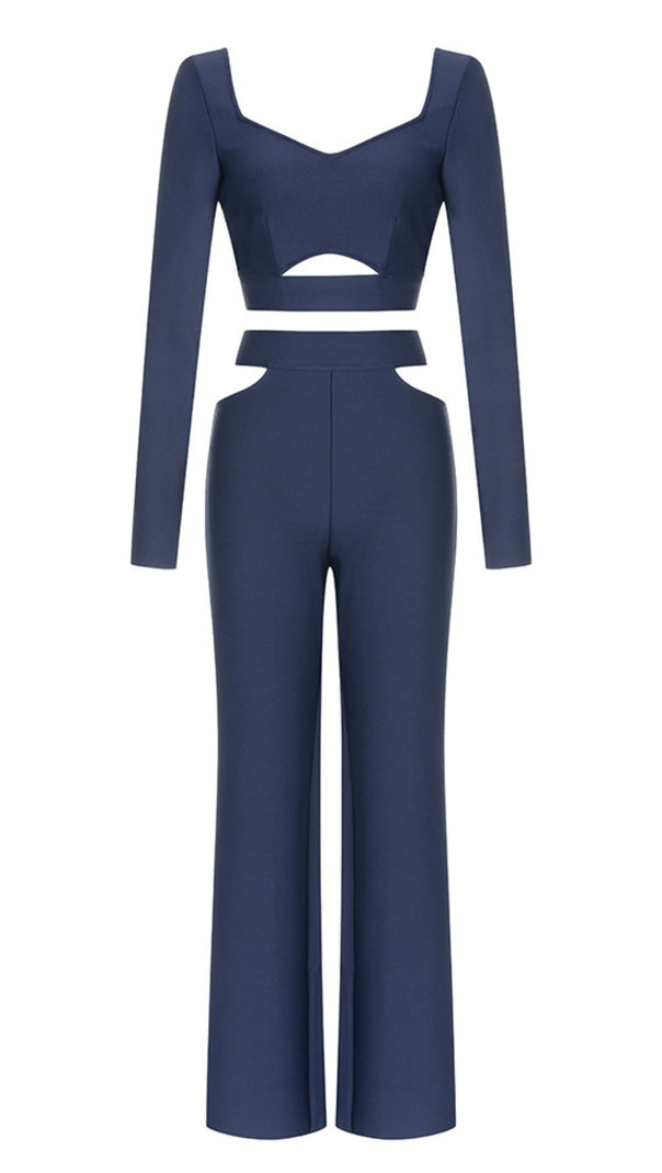 AIIZIE CUTOUT LONG - SLEEVE CROP TOP AND PANTS SET IN NAVY BLUE - product image
