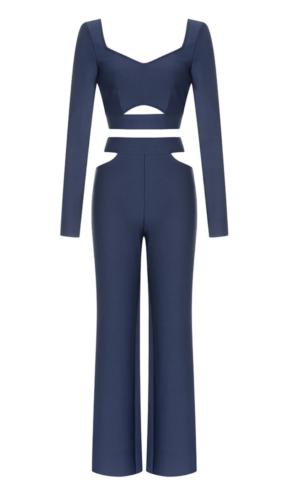 Cutout Long - Sleeve Crop Top And Pants Set in Navy Blue