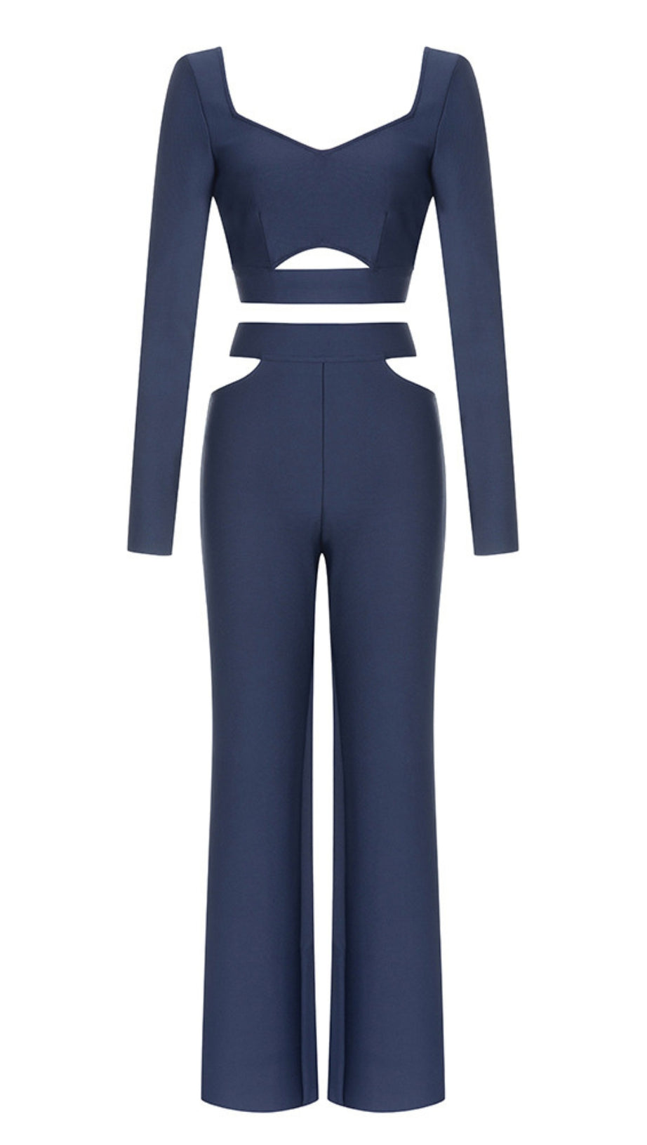 Set aus langärmligem Crop-Top und Hose mit Cut-Outs in Marineblau