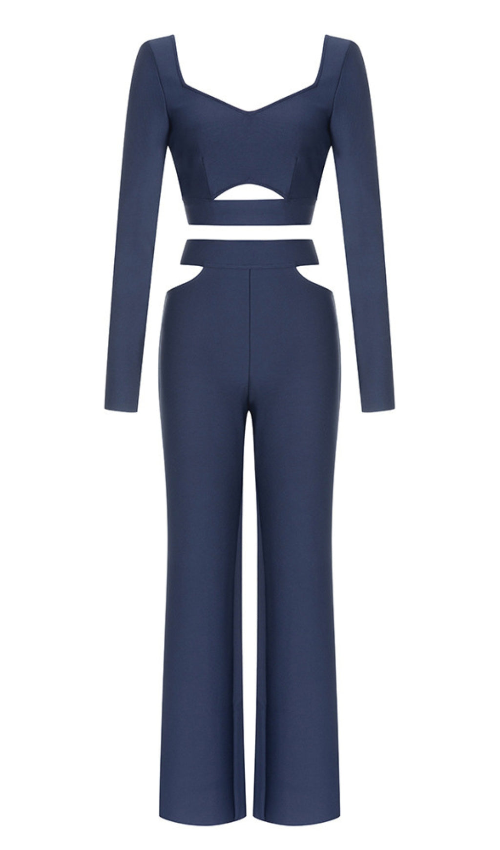 Set aus langärmligem Crop-Top und Hose mit Cut-Outs in Marineblau