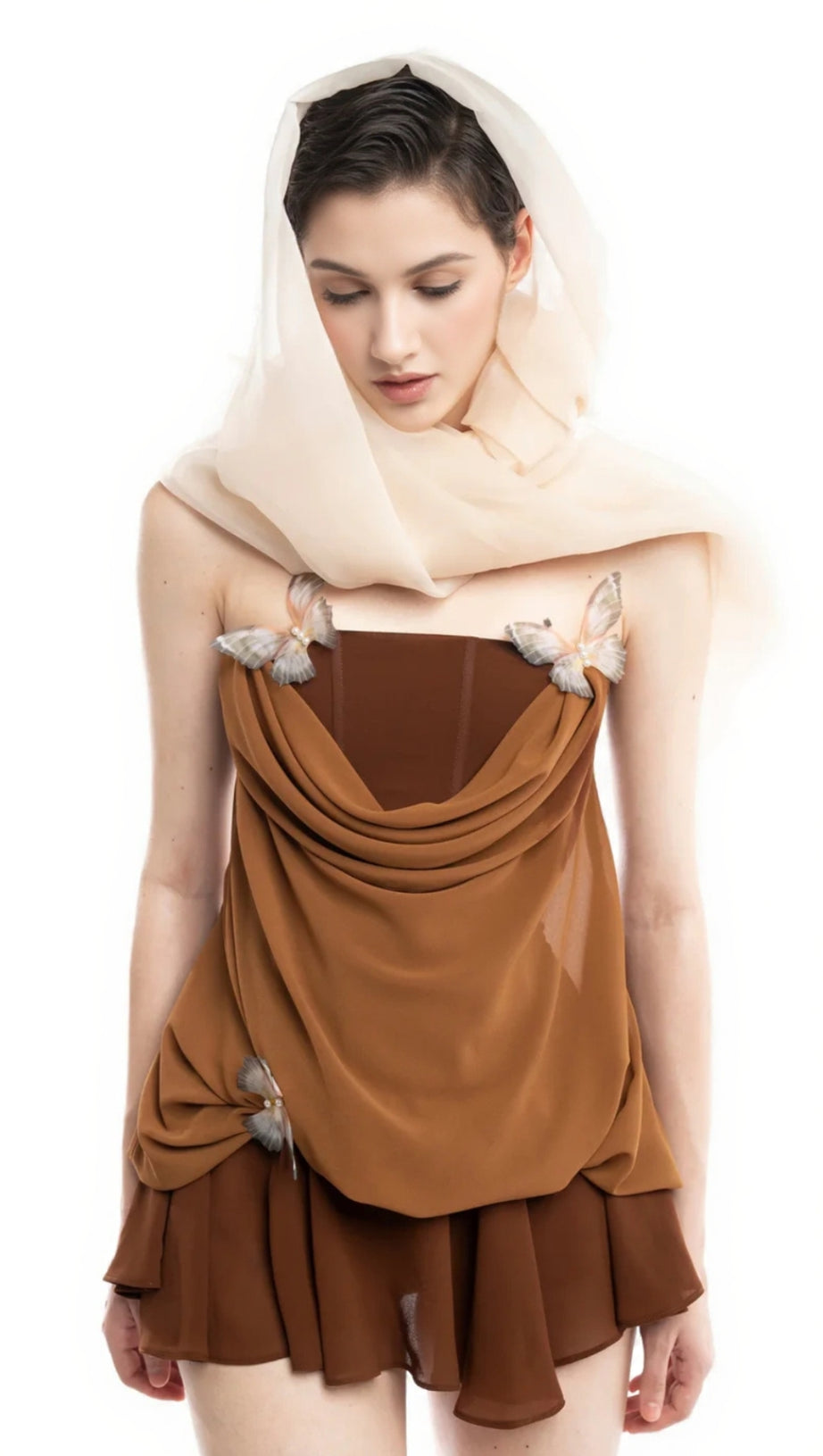 BROWN 3D BUTTERFLY FISHBONE TUNIC TOP MINI SKIRT SET