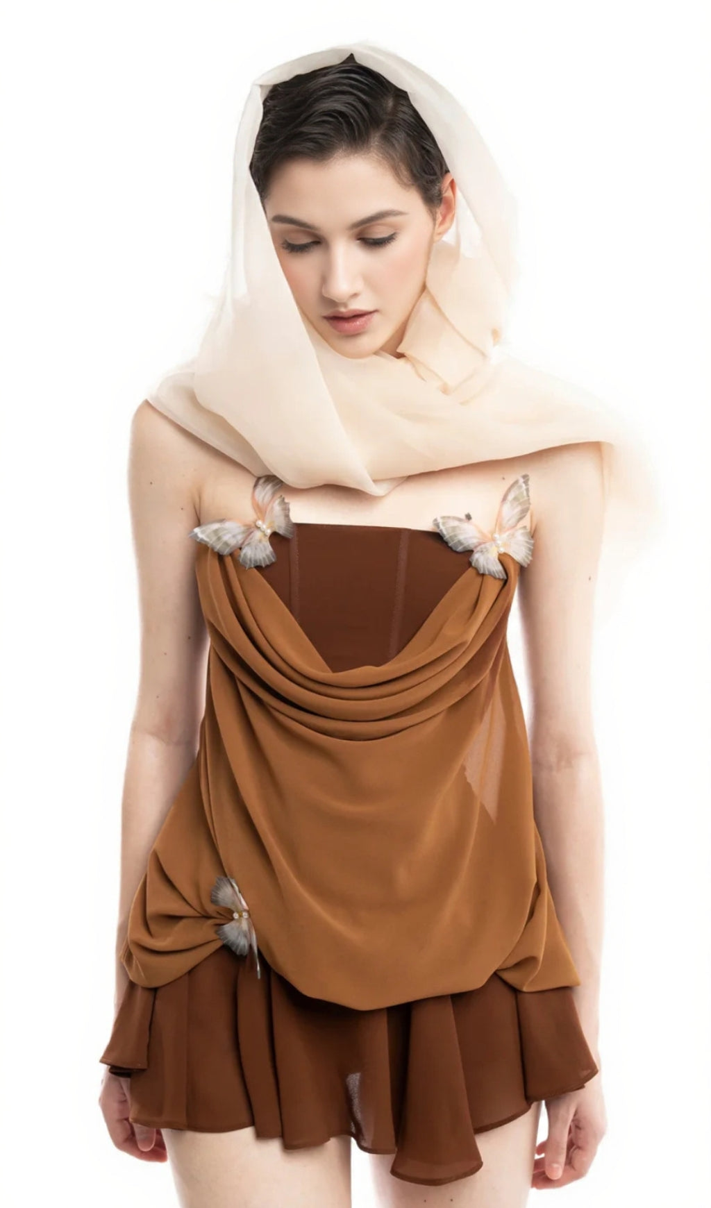 AIIZIE BROWN 3D BUTTERFLY FISHBONE TUNIC TOP MINI SKIRT SET - product image