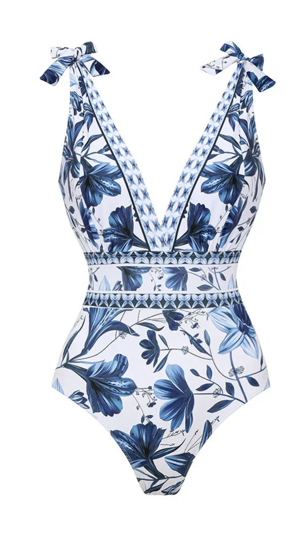 AIIZIE V-NECK LACE PATTERNED PRINTED ONE-PIECE SWIMSUIT AND SKIRT - product image