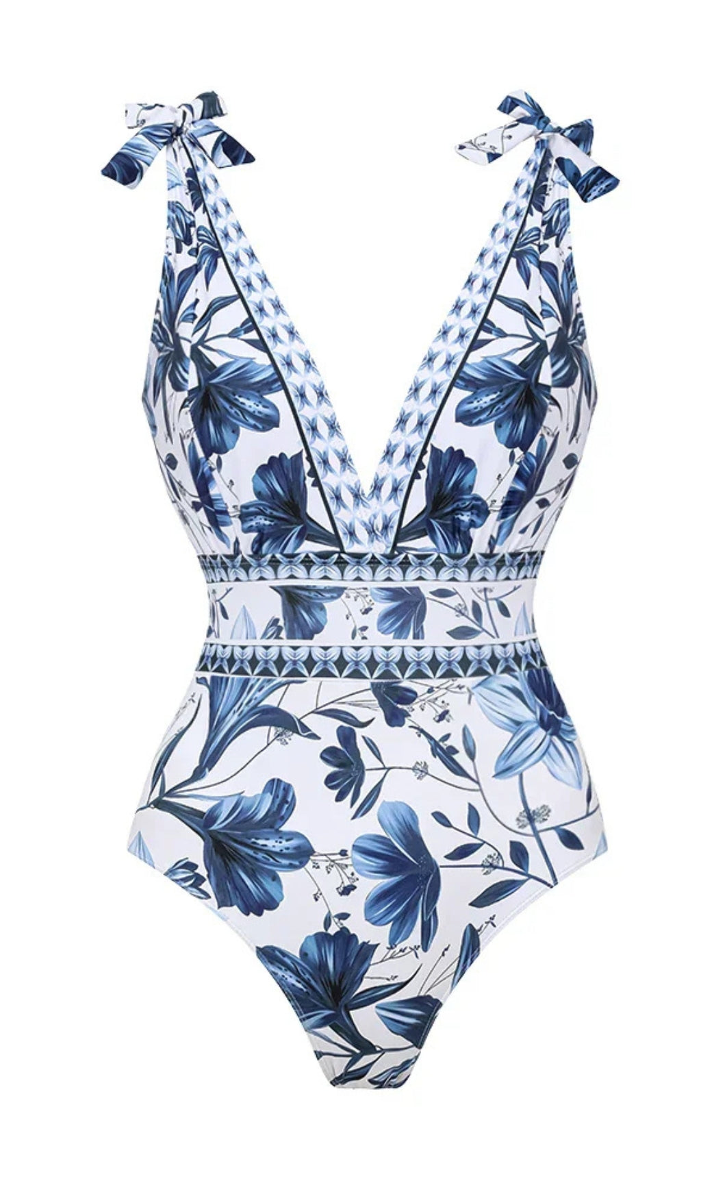 V-NECK LACE PATTERNED PRINTED ONE-PIECE SWIMSUIT AND SKIRT