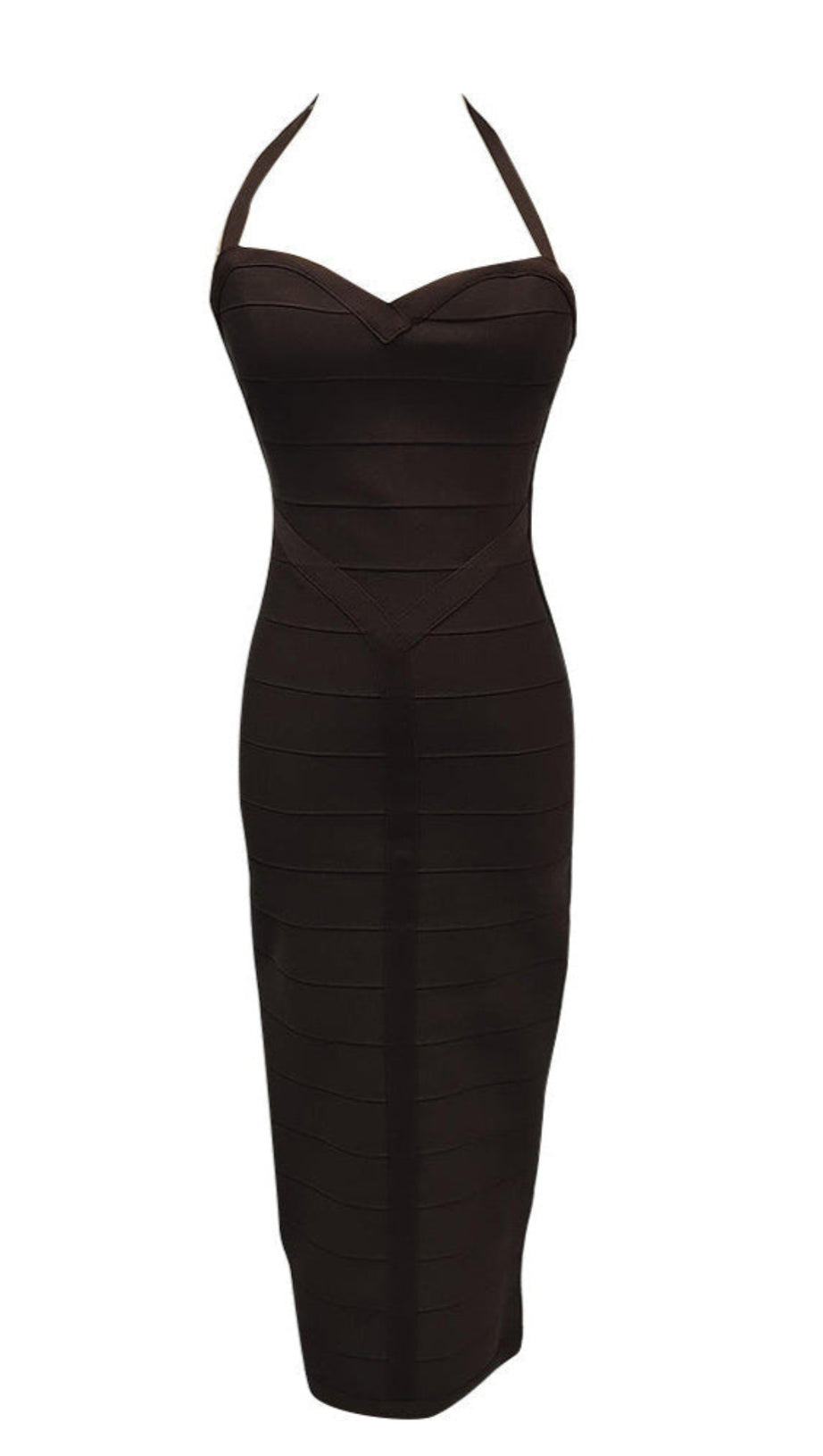 Schokoladenbraunes Neckholder-Midi-Bandagekleid in Bodycon-Optik