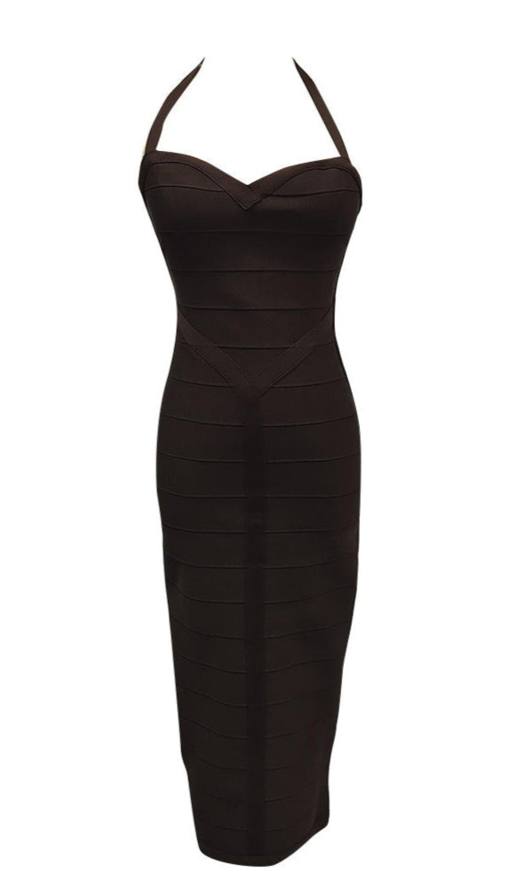 Schokoladenbraunes Neckholder-Midi-Bandagekleid in Bodycon-Optik