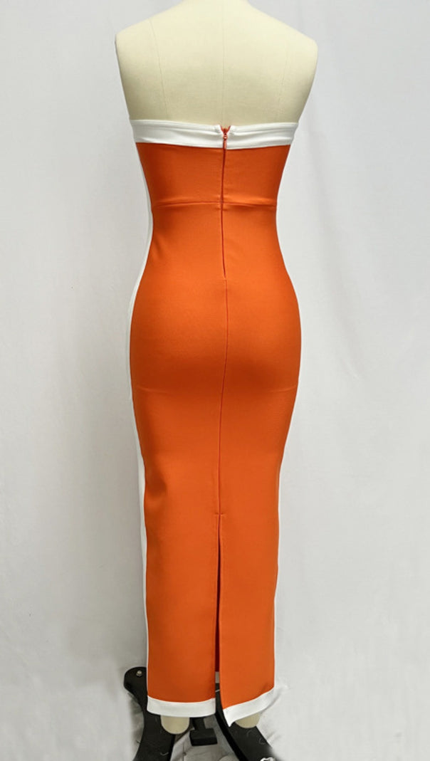 AIIZIE STRAPLESS COLOR - BLOCK BANDAGE MIDI DRESS IN ORANGE - product image