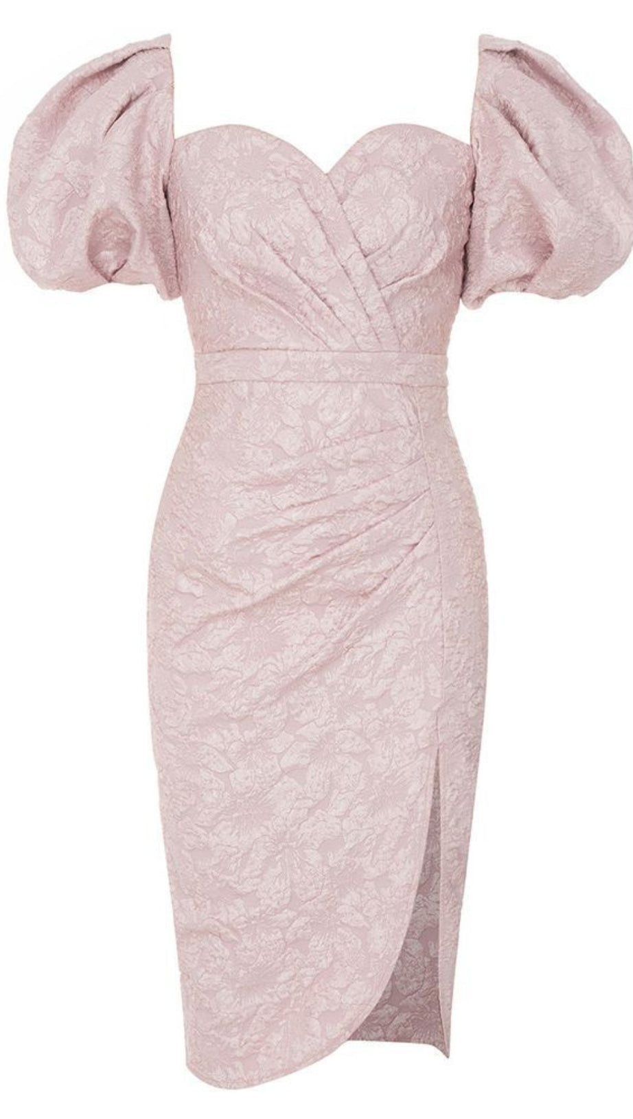 FLORAL - JACQUARD PUFF - SLEEVE SLIT MIDI DRESS IN PINK