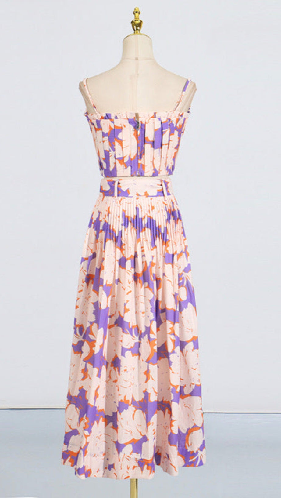 Plissiertes Bustier-Top-Rock-Set aus Leinen mit Blumenmuster in Blau