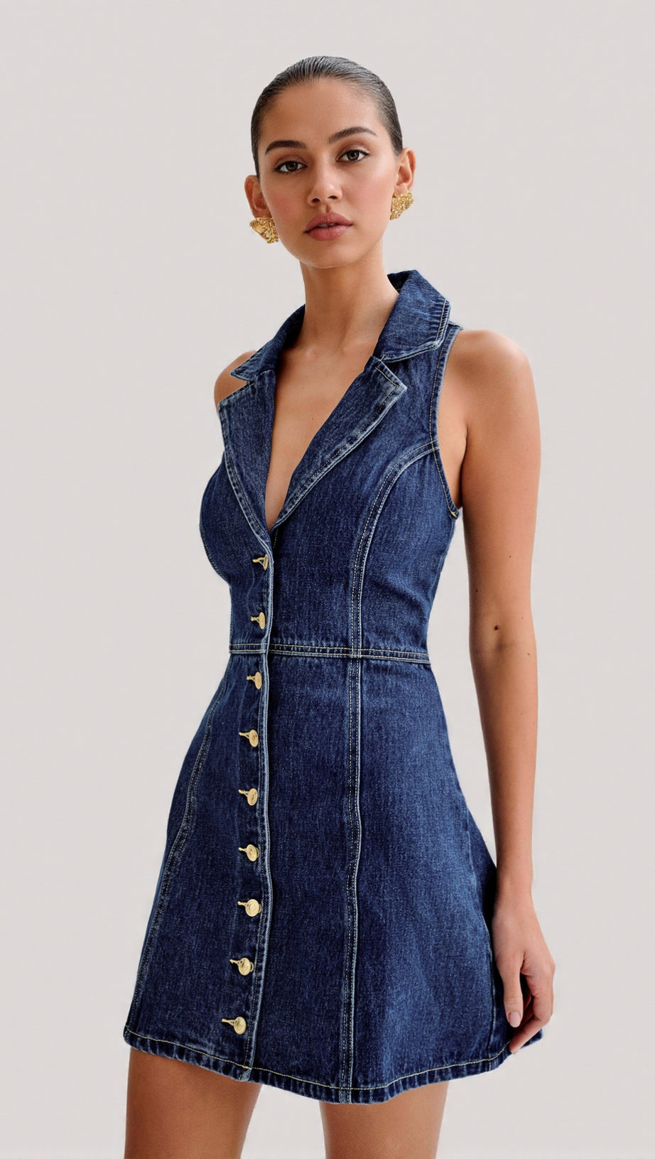 EARTHA COLLARED DENIM MINI DRESS - DARK BLUE