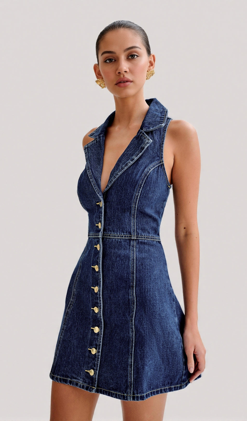 EARTHA COLLARED DENIM MINI DRESS - DARK BLUE