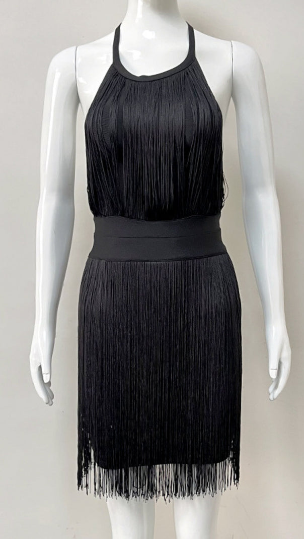 AIIZIE HALTER NECK FRINGE TRIM BANDAGE MINI DRESS IN BLACK - product image
