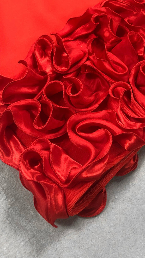 AIIZIE RHINESTONE - FEATHER RUFFLE - HEM LONG - SLEEVE MINI DRESS IN RED - product image