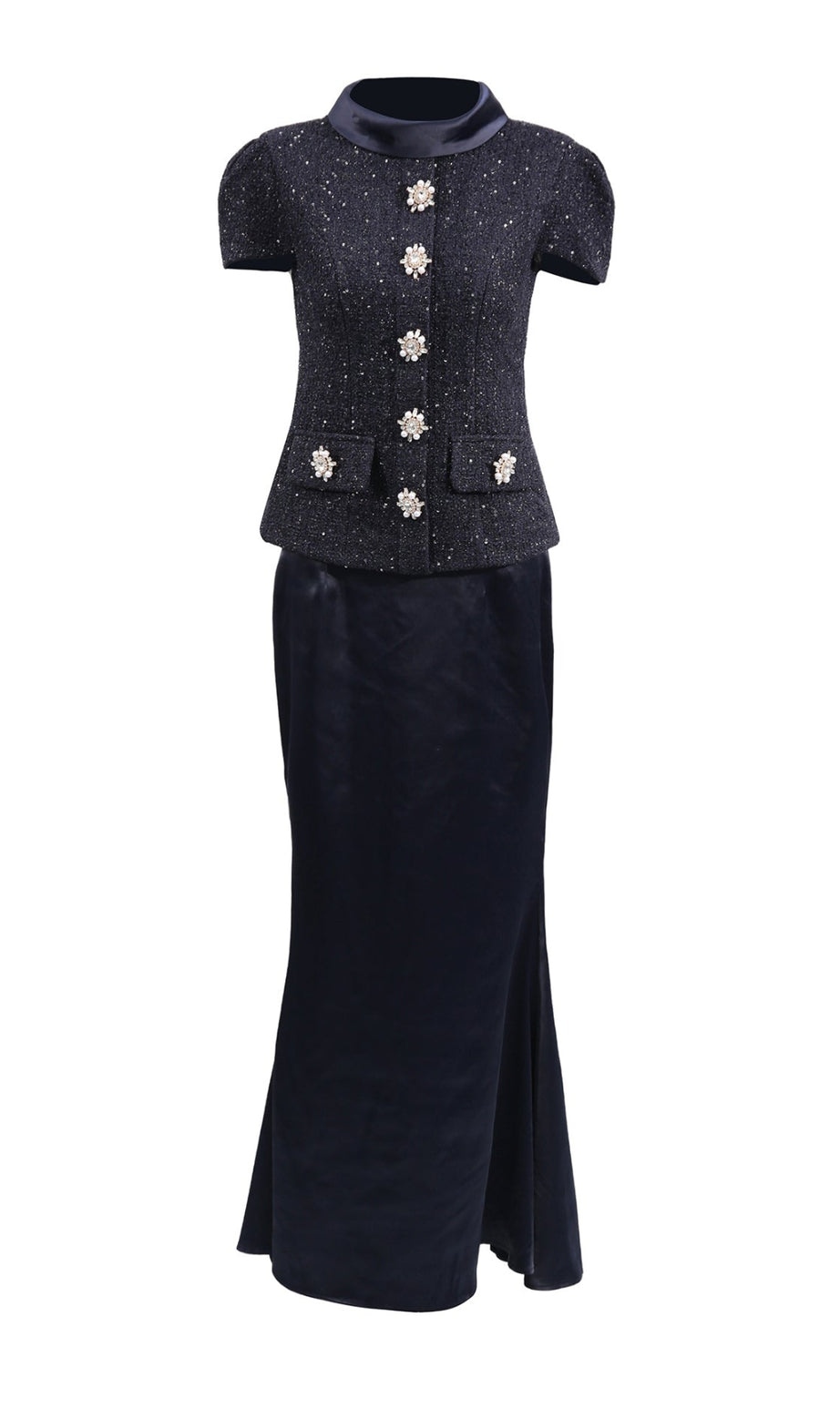Abito lungo in bouclé metallizzato blu navy