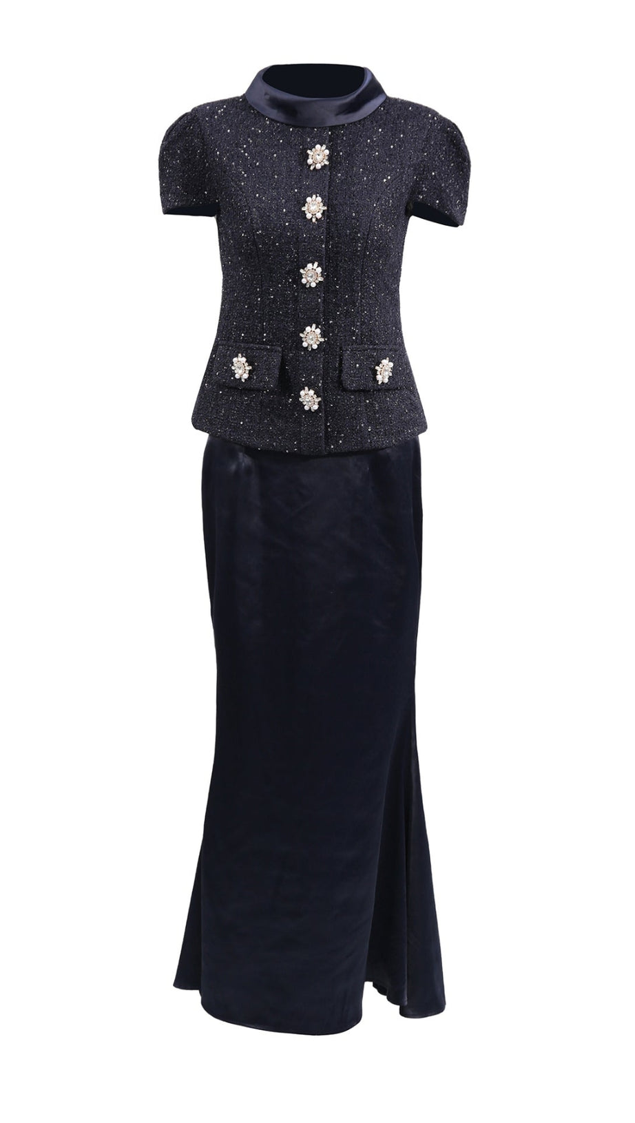 NAVY METALLIC BOUCLE MAXI DRESS