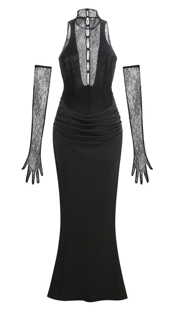 AIIZIE BLACK HALTER NECK LACE - BACK MAXI DRESS WITH GLOVES - product image