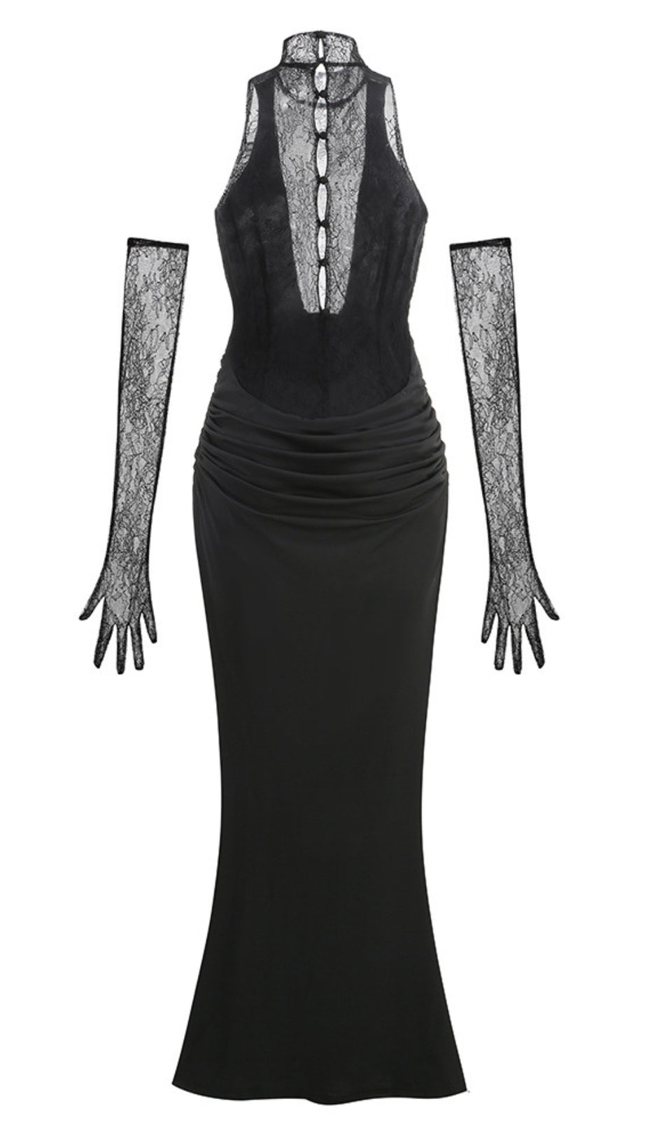 BLACK HALTER NECK LACE - BACK MAXI DRESS WITH GLOVES