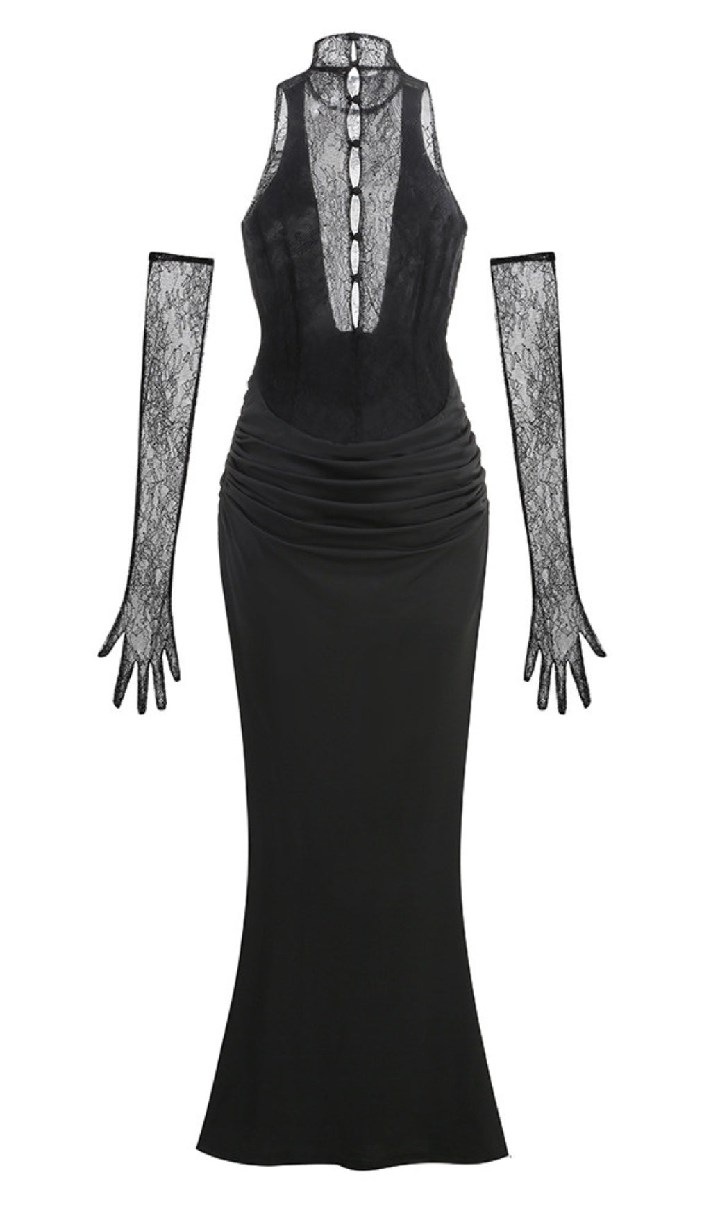 BLACK HALTER NECK LACE - BACK MAXI DRESS WITH GLOVES