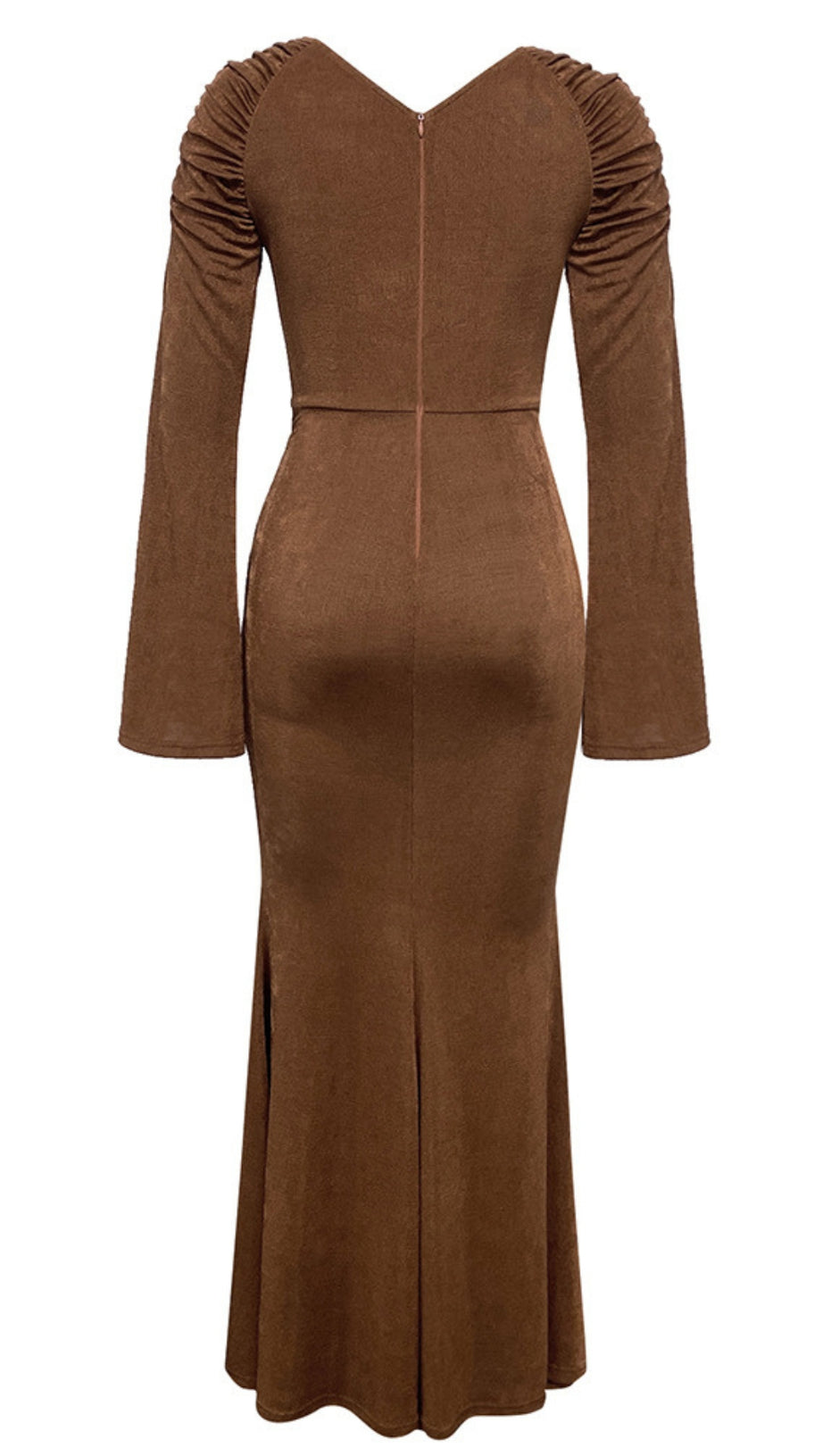 V - NECK RUCHED LONG - SLEEVE MIDI DRESS IN BROWN