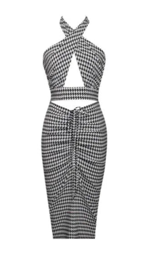 AIIZIE HOUNDSTOOTH CRISS CROSS HALTER NECK MIDI DRESS - product image