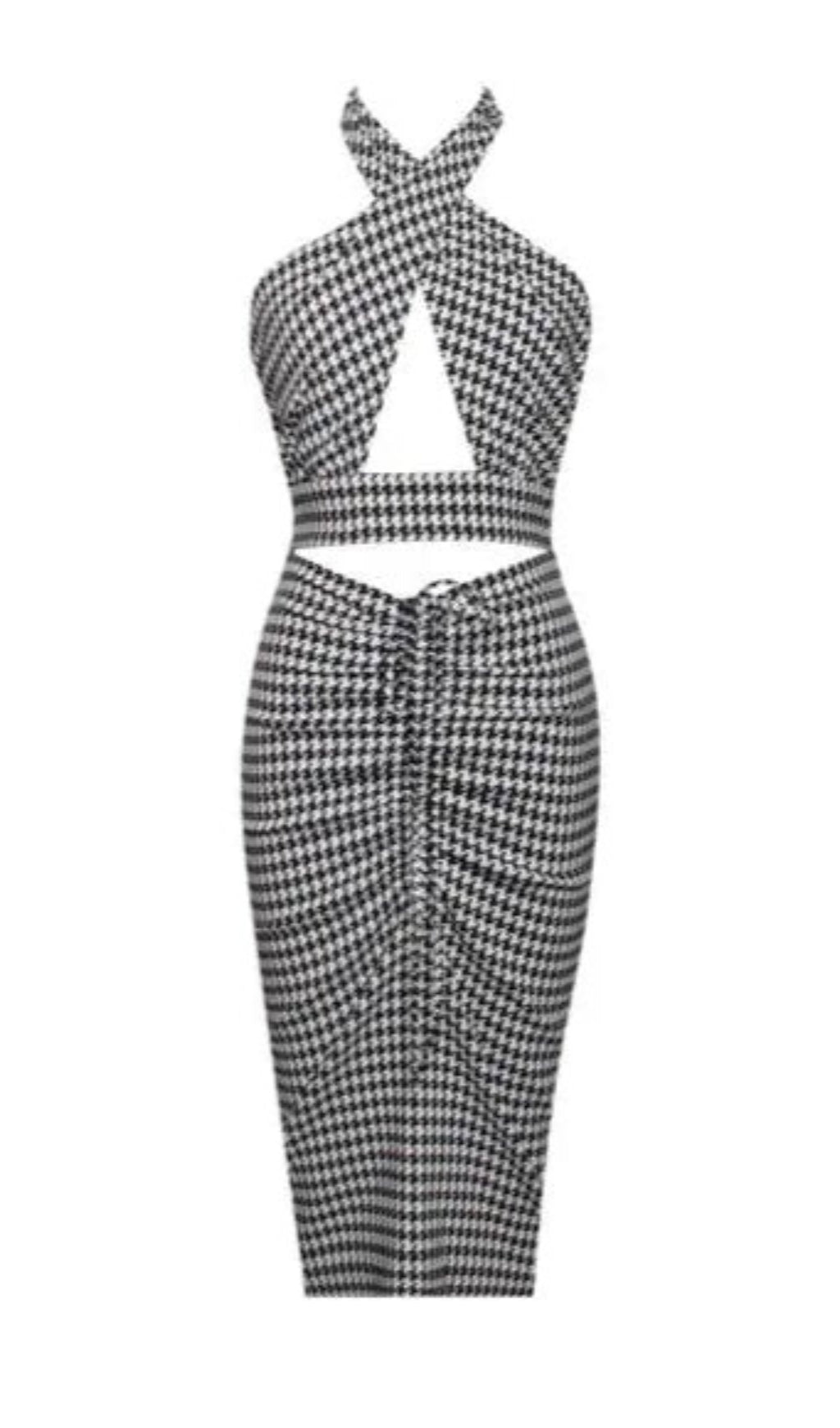 HOUNDSTOOTH CRISS CROSS HALTER NECK MIDI DRESS