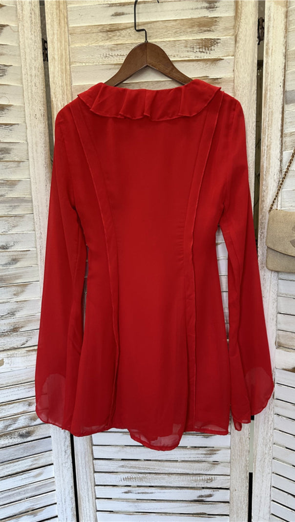 AIIZIE RUFFLED TIE DEEP V CHIFFON MINI DRESS IN RED - product image