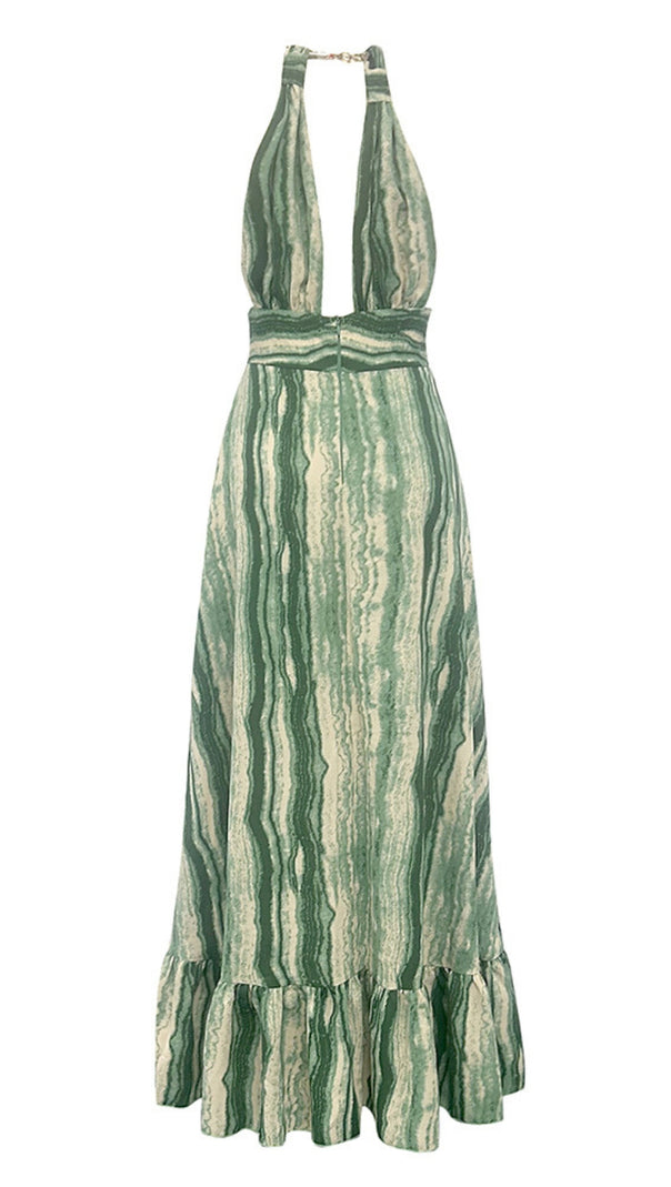 AIIZIE STRIPED HALTER NECK RUFFLE - HEM MAXI DRESS IN GREEN - product image